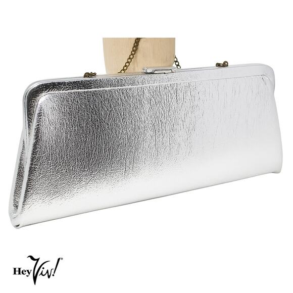 Vintage 60s Silver Evening Clutch Purse 12" Shimmery Metallic w Chain - Hey Viv - Picture 1 of 6